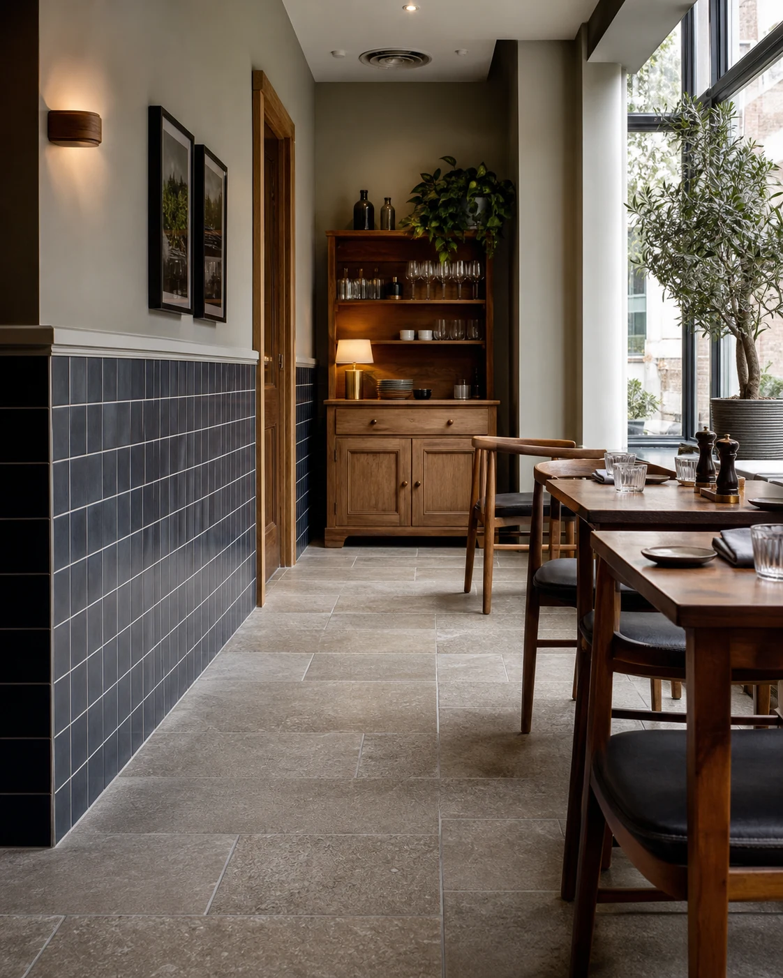 Light-commercial interior with durable tiled surfaces